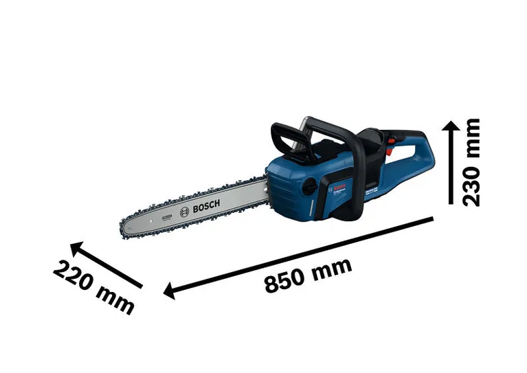 Bosch GKE 18V-40 chainsaw with dimensional measurements.
