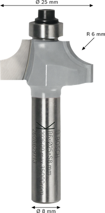 Bosch router bit ovolo with ball bearing, R6 x Ø25 shank 8 mm.