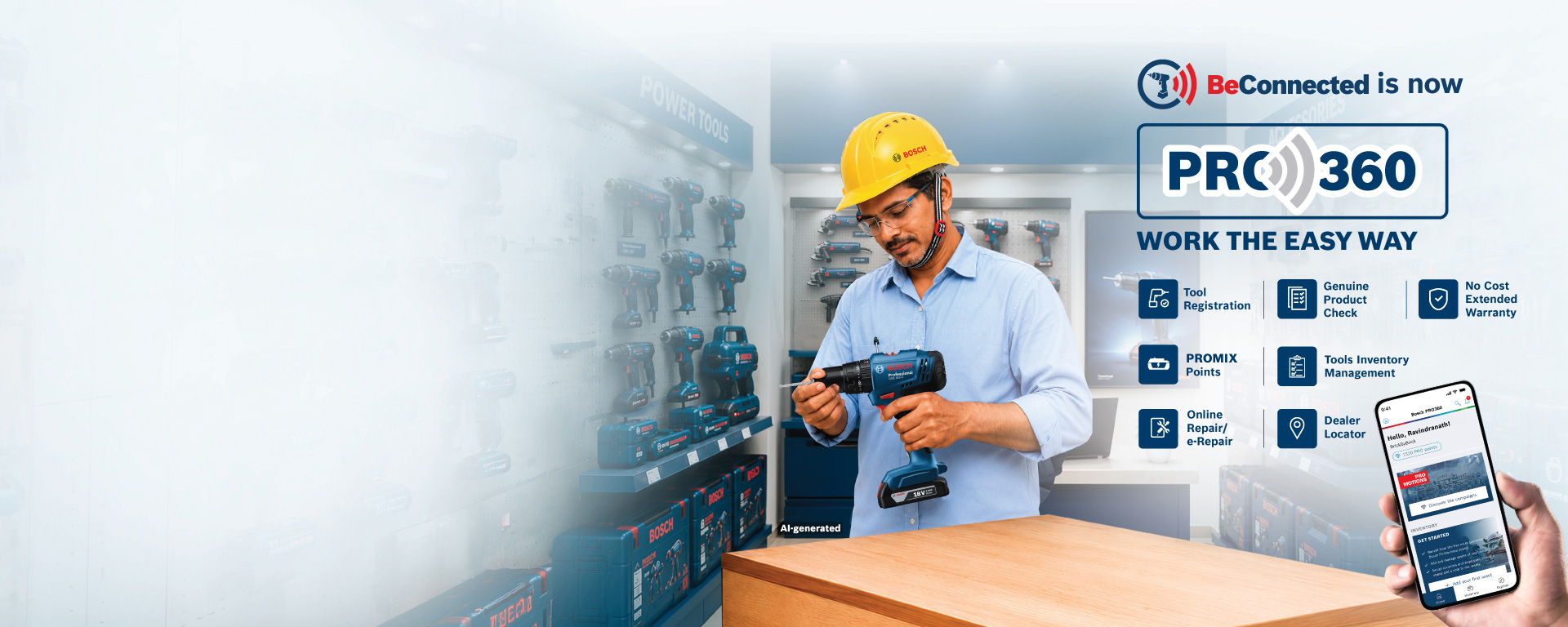 A man wearing a yellow hard hat is holding a Bosch Professional power drill in a showroom. Tools are displayed on the wall behind him. He appears to be engaged in discussing or demonstrating the tool. The setting is bright and organized, emphasizing a professional atmosphere.