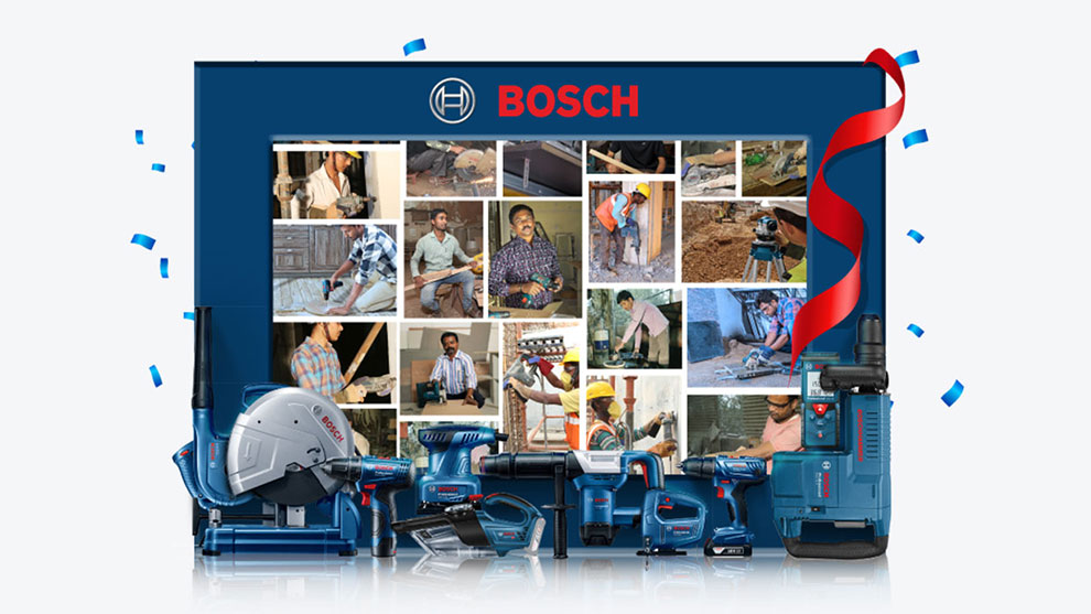 Various Bosch Professional tools arranged on a white background with festive decorations.