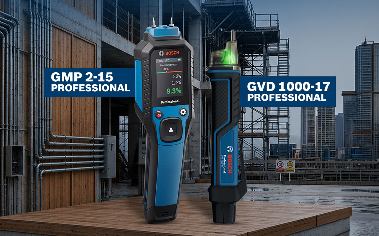 A Bosch Professional GMP 2-15 moisture meter and GVD 1000-17 voltage tester, both in blue, on a construction site.