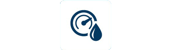 A blue gauge icon with a droplet, representing pressure measurement, on a white background.
