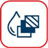 An icon featuring a blue drop symbol and stacked, textured squares, enclosed in a red border.