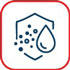 An icon featuring a shield with a water droplet and particles, symbolizing protection against moisture.