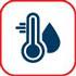 A blue icon depicting a thermometer with a water droplet, enclosed in a red square. Symbolizes temperature and moisture.