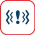An icon featuring a blue exclamation mark surrounded by wavy lines, set against a red square background.