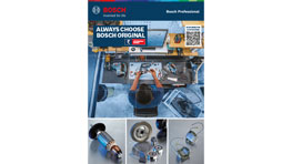 A Bosch Professional product brochure featuring tools, a worker operating machinery, and various tool images.