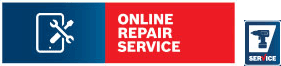 A blue and red graphic featuring a wrench and phone icon, labeled 'ONLINE REPAIR SERVICE'.