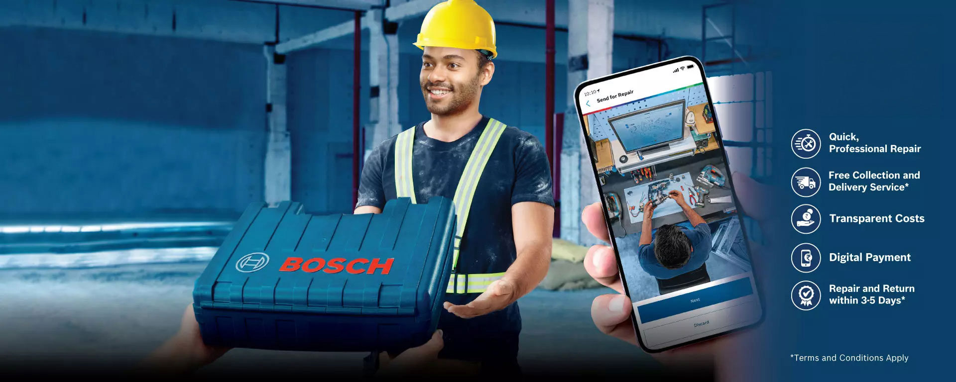 A smiling man in a yellow hard hat holds a blue Bosch tool case in a construction site setting, while a smartphone displays repair services.