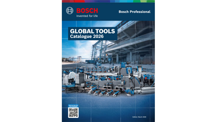 A cover image of the Bosch Professional Global Tools Catalogue 2026, featuring various tools in blue and gray, set on a construction site background with workers and machinery.