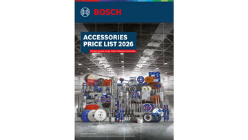 A Bosch Professional accessories price list for 2026, featuring a variety of tools and equipment displayed in an organized manner, predominantly in blue and red colors.