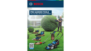 A Bosch Professional product catalog featuring various garden tools on a green lawn, including a lawn mower, hedge trimmer, and blower, with a person trimming a bush in the background.