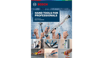 A Bosch Professional tools catalog cover featuring hands holding various tools, predominantly blue and gray. The title reads "Hand Tools for Professionals."
