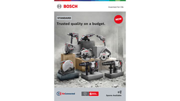 A display of Bosch Professional tools on grey pedestals, including saws and drills, set against a textured background.