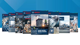 Bosch Professional tool brochures arranged with a blue background, showcasing products and services.