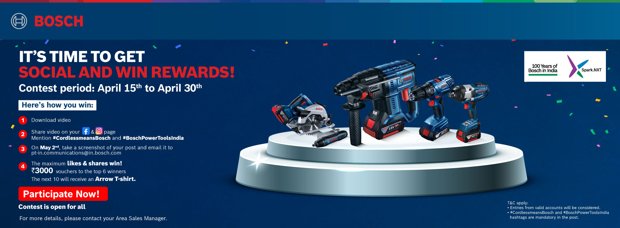 Bosch Professional tools displayed on a pedestal with colorful confetti in the background.